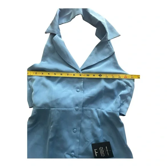 Lulus Extremely Chic Blue Collared Tie-Back Button-Up Mini Dress Size Small - Picture 7 of 9